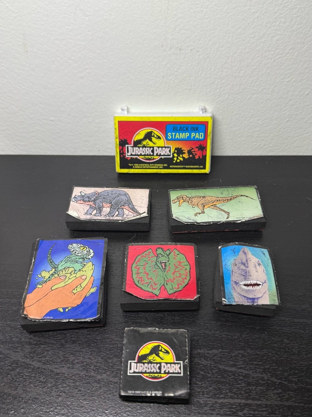 Vintage 1990s Jurassic Park Movie Dinosaur Stamp & Ink Set Of 7